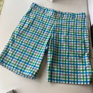 Nike Dri Fit Golf Shorts Vibrant Blue/Green/White colored Check Mens Sz.35 EUC